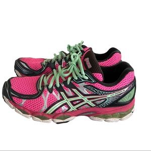 Size 10 Asics Gel-Nimbus 16 running shoes pink and mint green and black